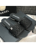 Chanel Shiny Braided Goatskin Flat Slide Sandals G37405 Black 2021