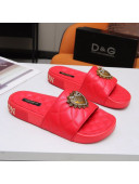 Dolce&Gabbana DG Calfskin Flat Slide Sandals with Heart Charm Red 2021 (For Women and Men)