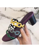  Hermes  Leather "Chaine d'Ancre" Tandem Sandal With 5cm Heel Purple/Yellow 2020