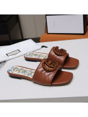 Gucci Calfskin Flat Slide Sandals with Aged Gold GG Brown 2021