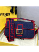 Fendi Baguette Medium Denim Flap Bag Dark Blue/Red 2021