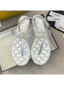 Chanel Lambskin Flat Thong Sandals with Pearl CC Charm G37384 Silver 2021