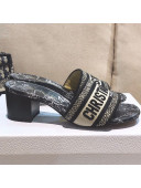 Dior Dway Heeled Slide Sandals in Black Around the World Embroidered Cotton 2021 53