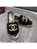Chanel CC Metal Logo Tweed Flat Slide Sandals Black 2020