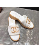 Chanel CC Metal Logo Tweed Flat Slide Sandals White 2020