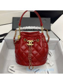 Chanel Quilted Leather Bucket Bag with Metal Button Red 2020