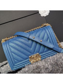 Chanel Iridescent Chevron Grained Leather Classic Medium Boy Flap Bag Blue/Gold 2019