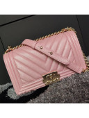 Chanel Iridescent Chevron Grained Leather Classic Medium Boy Flap Bag Pink/Gold 2019