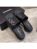 Chanel CC Quilted Leather Flat Slide Sandals Black 2020