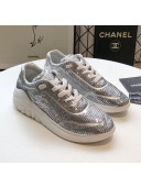 Chanel CC Logo Sequins & Leather Sneakers G35936 Silver 2020