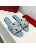 Valentino Roman Stud Flat Slide Sandals in Quilted Nappa Lambskin Light Blue 2021