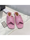 Gucci Silver Lamé Canvas Cross Slide Sandals Pink 2021