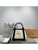 Balenciaga Navy Small Cabas Bag in Cotton Canvas and Calfskin Light Beige/Black 2021