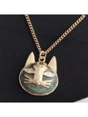 Chanel Cat Head Shaped Pendant Necklace Green/Gold 2019