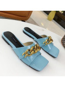 Versace Shiny Leather Chain Flat Slide Sandals Blue 2021