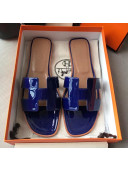 Hermes Patent Calfskin Leather Oran H Flat Slipper Sandals Electric Blue
