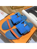 Hermes Coralia Suede Fringe Flat Sandals Blue 2021