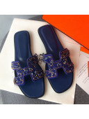 Hermes Oran Crystal Suede Slide Sandal Blue 2021 01