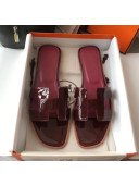 Hermes Patent Calfskin Leather Oran H Flat Slipper Sandals Burgundy 02