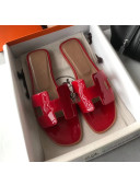 Hermes Patent Calfskin Leather Oran H Flat Slipper Sandals Deep Red