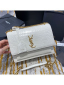 Saint Laurent Sunset Medium Bag in Crocodile Embossed Shiny Leather 442906 White/Gold 2020