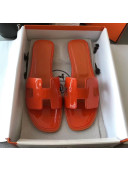 Hermes Patent Calfskin Leather Oran H Flat Slipper Sandals Orange