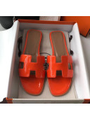 Hermes Patent Calfskin Leather Oran H Flat Slipper Sandals Orange 02