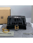 Balenciaga Hourglass Card Case with Chain in Black Shiny Crocodile Embossed Calfskin 2021 92789 
