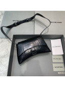 Balenciaga Hourglass Sling Back Small Bag in Crocodile Embossed Leather All Black 2021 180609