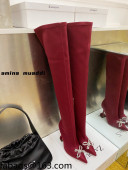 Amina Muaddi Lycra Over-Knee High Boots 9.5cm with Crystal Bow Red 2021