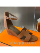 Hermes Legend Palm-Grained Calfskin Wedge Sandals 70mm Heel Brown 2020