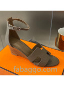 Hermes Legend Palm-Grained Calfskin Wedge Sandals 70mm Heel Elephant Grey 2020