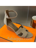 Hermes Legend Palm-Grained Calfskin Wedge Sandals 70mm Heel Dove Grey 2020