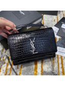 Saint Laurent Sunset Chain Wallet in Crocodile Embossed Leather 533026 Black/Silver 2020