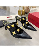 Valentino Roman Stud Calfskin Heel Mules with Sculpted Strap Black 2020