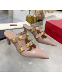 Valentino Roman Stud Calfskin Heel Mules with Sculpted Strap Nude 2020