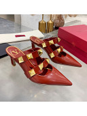Valentino Roman Stud Calfskin Heel Mules with Sculpted Strap Red 2020