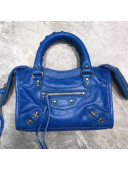 Balenciaga Classic Nano City Bag in Waxed Calfskin and Gold Hardware Blue