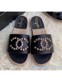Chanel Leather Crystal CC Slider Espadrilles Sandals Black 2020