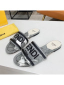 Fendi Flat Slide Sandals in Silver Embroidered Grey with Braid Charm 2020