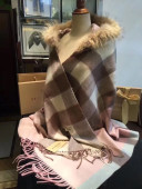 Burberry Wool Cashmere Check Fox Fur Fringe Cape Pink