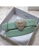 Chanel Leather Belt 30mm with Crystal Heart Buckle Green 2020