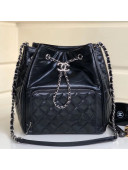 Chanel Crinkled Calfskin Drawstring Bucket Bag with Quilted Pocket Black 2019