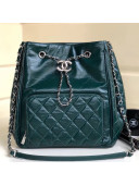 Chanel Crinkled Calfskin Drawstring Bucket Bag with Quilted Pocket Dark Green 2019