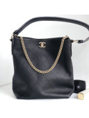 Chanel Quilted Leather Bucket Bag with Striped Fabric Side AS0666 Black 2019