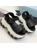 Prada Calfskin Platform Sandals with Metal Buckle Black 01 2021