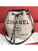 Chanel Fabric Logo Print Small Drawstring Bag Beige White 2019