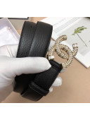 Chanle Width 3cm Grainy Calfskin Belt With Crystal CC Buckle Black/Gold 2020