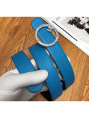 Chanle Width 3cm Grainy Calfskin Belt With Crystal Round Buckle Blue 2020