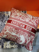 Dior Large Sqaure Cushion in Red Toile de Jouy Embroidery 50x50cm 2021